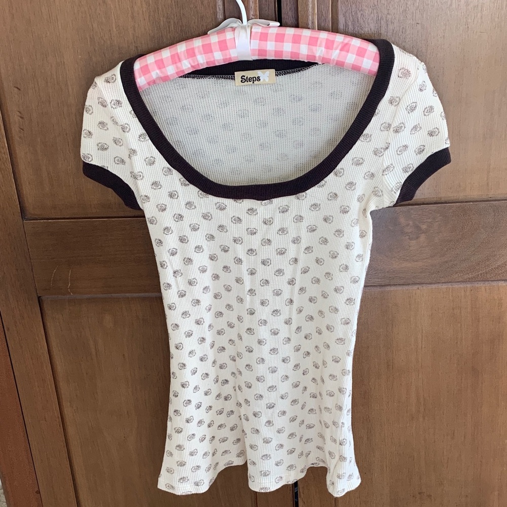 Steps vintage Cream and Brown cotton Short Sleeve Tee